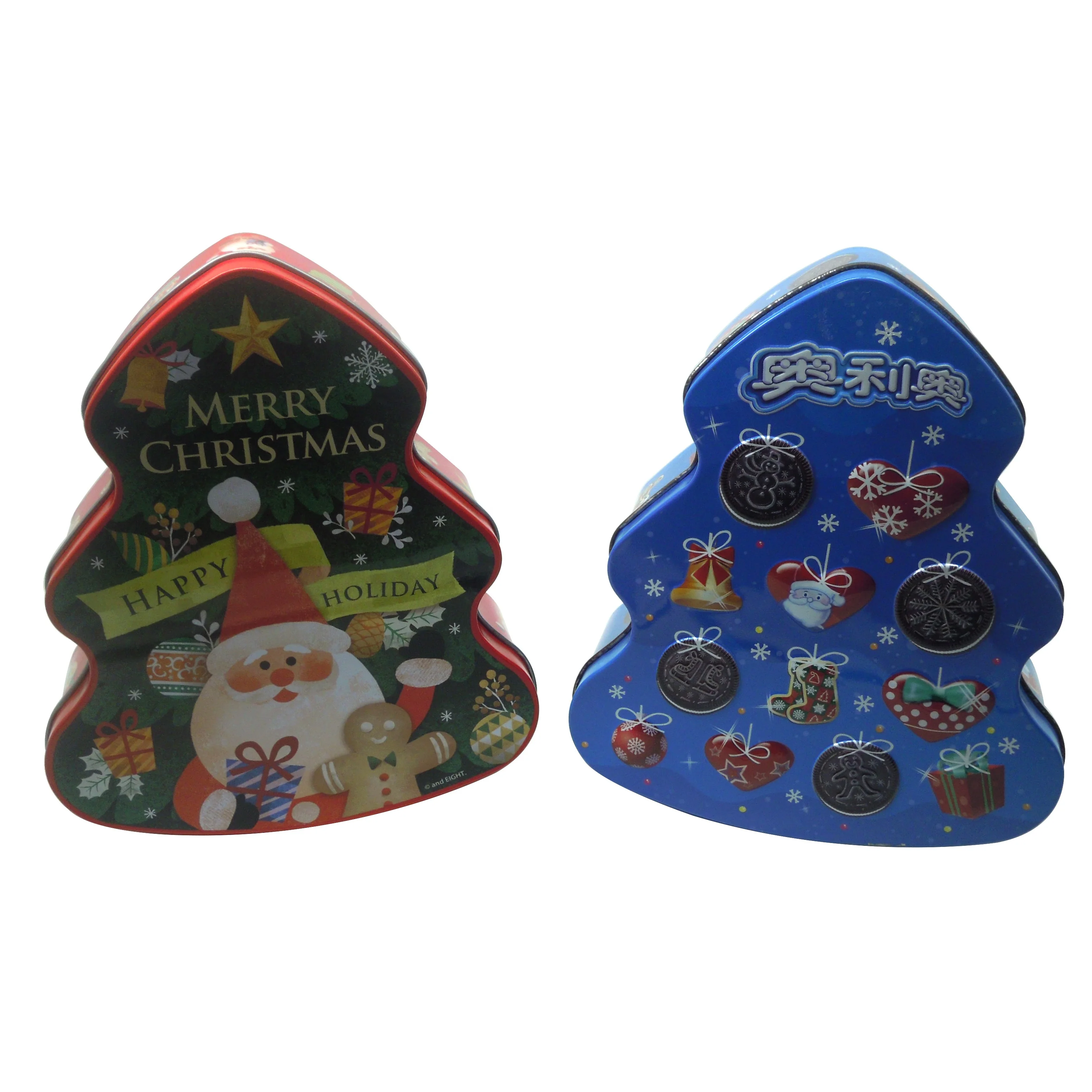 Factory custom candy metal tin cans nice Christmas tree shape hot sale cookie tin box for gift packaging