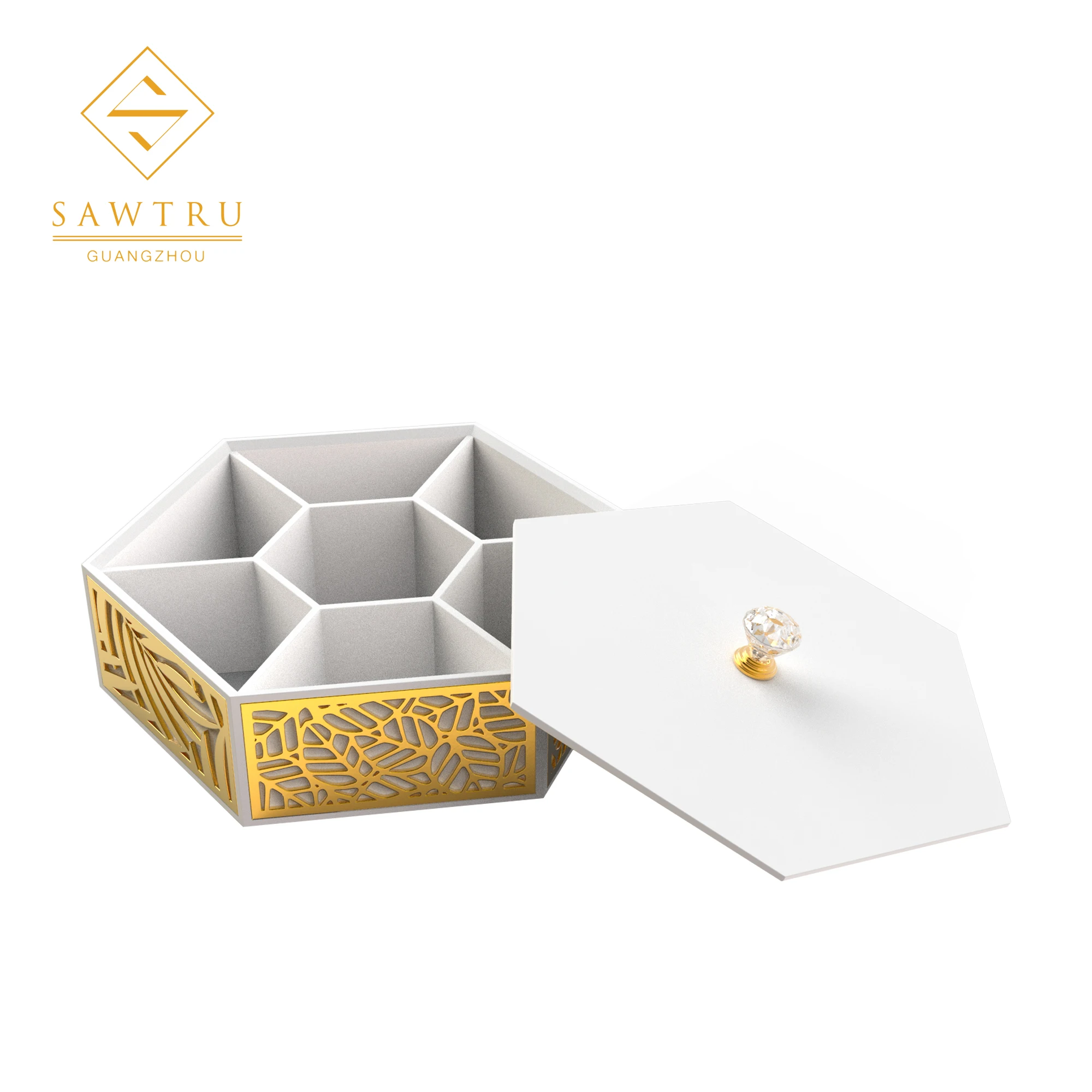 Environment-Friendly luxury wooden gold foil tea box with art paper and velvet PU lining small partitions compartments divisions With SABER Certificate