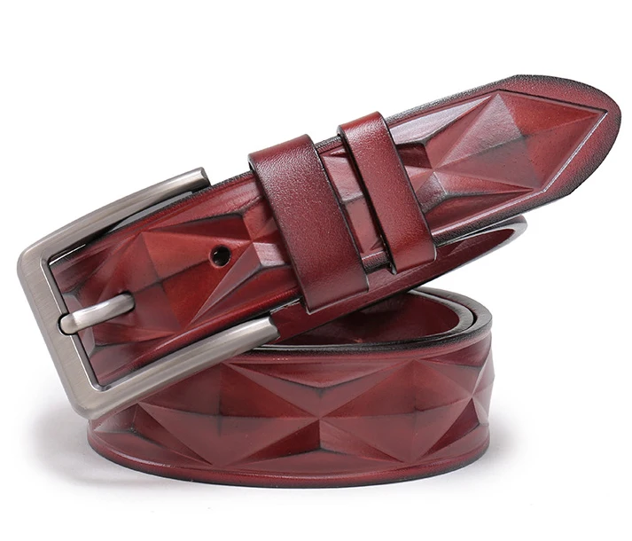 3.8cm width zinc alloy single prong pin buckle 3D checker board embossed first layer 100% italian genuine cow leather belt