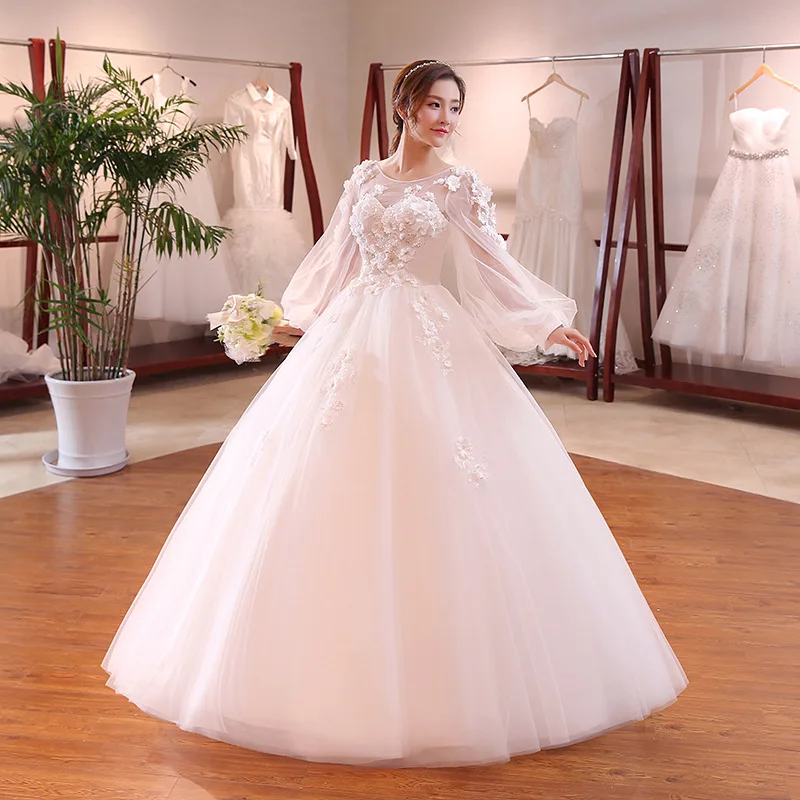 2018 Luxury Flower Ball Wedding Dresses Royal Bridal Gowns Lace Up Back Long Sleeves Wedding Dress