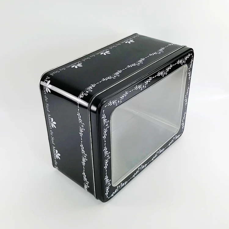 Черная прямоугольная жестяная коробка для печенья с окошком из ПВХ