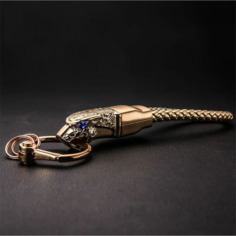 Leopard Head High - Grade Metal Key Ring - Blue - Drill Car Keychain Custom Key Chain Braided leather rope