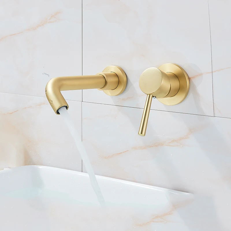 
New Hot Sale Brushed Golden Basin Faucet Concealed Wall Mounted Basin Hot Cold Water Bath Mixer Tap 360 Rotation Single Handle 