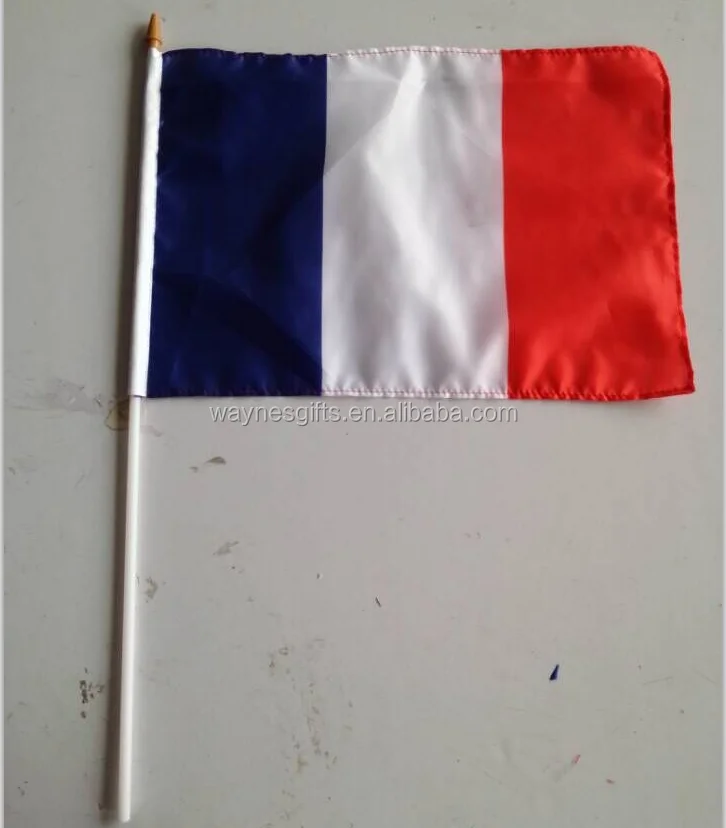 Custom 6 * 9inches France Hand Waving Flag Stock Polyester with Plastic Pole for Cars & Travel Agency Silky Banners
