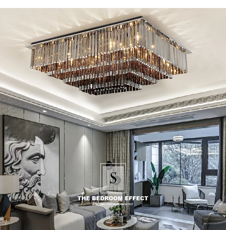 90cm rectangle stainless steel ceiling lamp with smoke crystal for dinning room