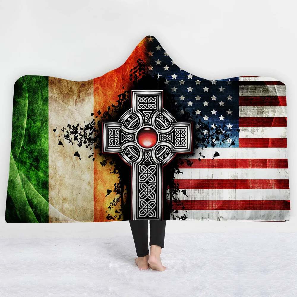 
Hot Sale Native American Flag Indian Native Blood Feather Headdress Hooded Blanket Comfortable Wearable Blanket 