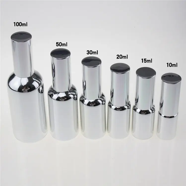 Wholesale fine mist glass spray bottle for perfume, silver glass dropper bottle, cosmetic essential oil glass bottle