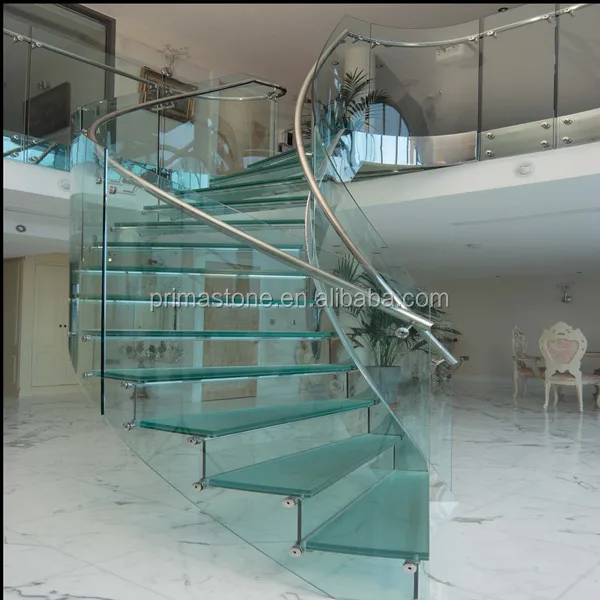 Best price interior curved crystal stairs with glass treads and carbon steel stringer