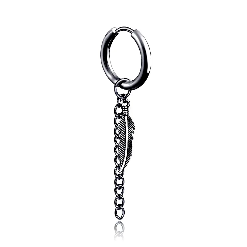 2019 Mens Tassel Chain Black White Plated Feather Stainless Steel Earring Guys Jewelry Hipster Grunge Style Punk Dagger Earrings
