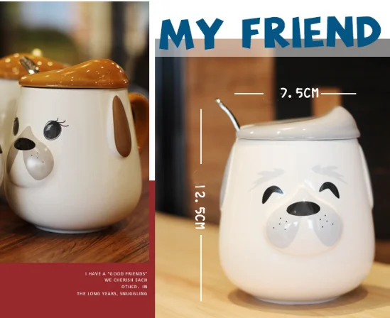 
Cute Cartoon Dog With Lid Spoon Cute Animal Creative Coffee Cup Ceramic Mugs Milk Dog Mug with Handle 