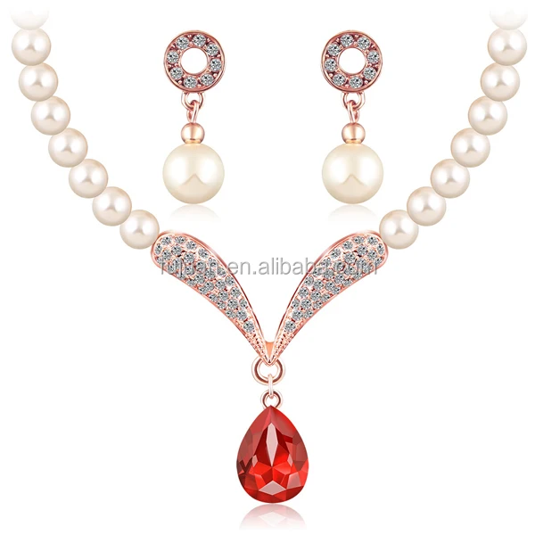 
New elegant womens crystal pendent silver jewelry pearl set 