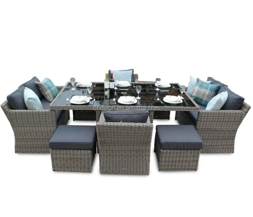 Luxury Outdoor Restaurant Furniture Rattan Dining Cane 10 Seater Sofa Chair Tables Set