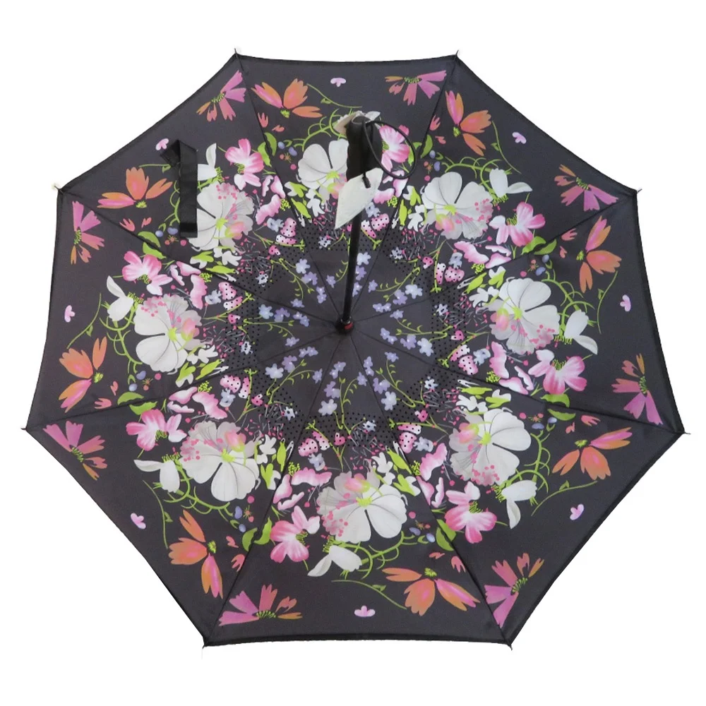 23 inch reverse flower print double layer hands free black handle umbrella