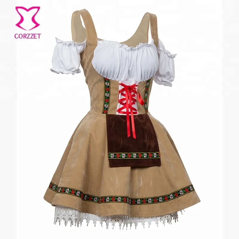Corzzet Modern Apricot Deutsch Traditional Dirndl with Offer Shoulder Classic Oktoberfest Maid Costume Halloween Cosplay Uniform