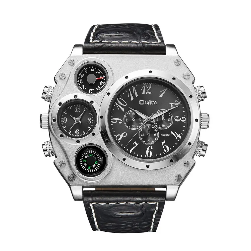 Unique Design Quality OULM Brand Dual Time Big Face Men Watch with Compass Leather Bracelet Quartz Watch Relojes