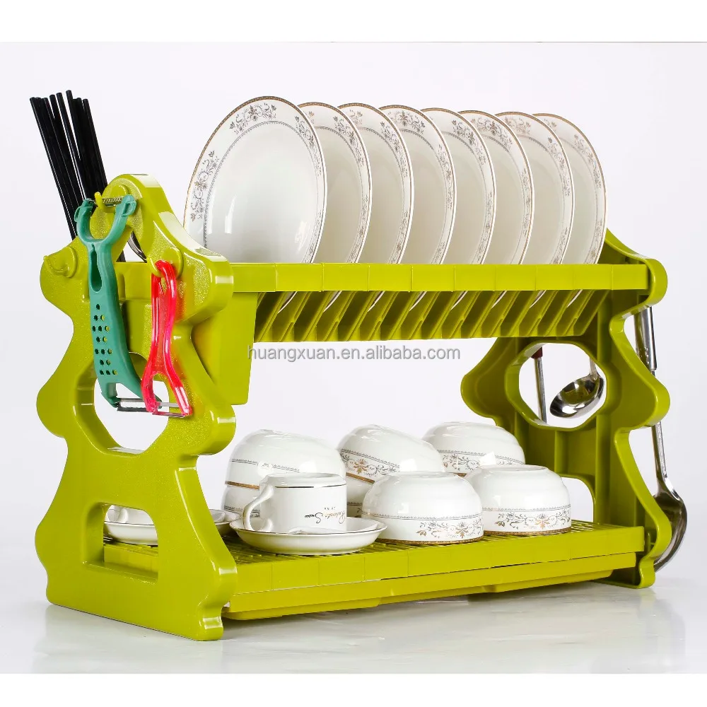Good quality Colored Folding Hanging Drying Dish Rack Plate Storage Kitchen Rack 2 Tier Plastic Dish Rack With Tray