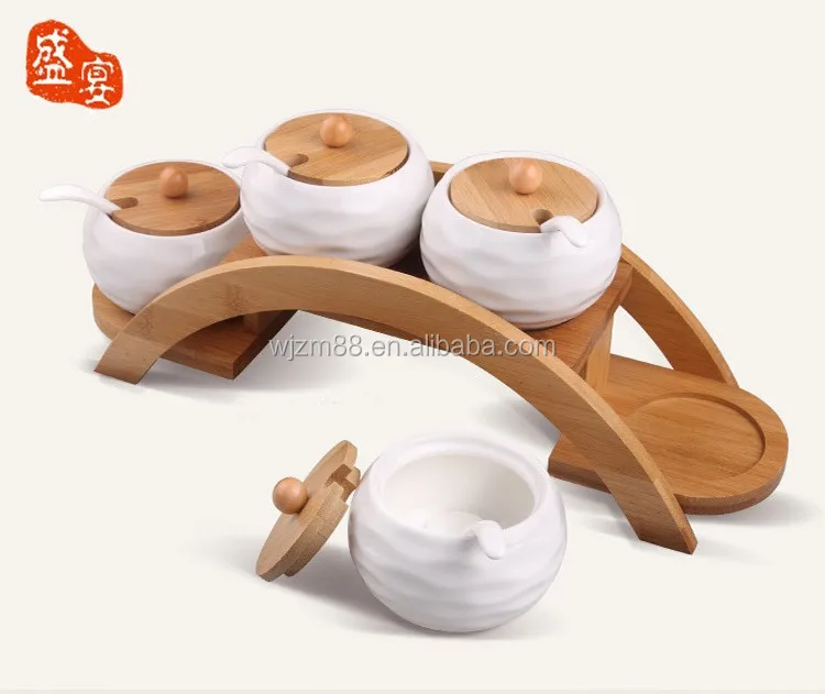 hot selling herb & spice tools set, ceramic spice & salt jars with bamboo racks, seasoning set wholesale
