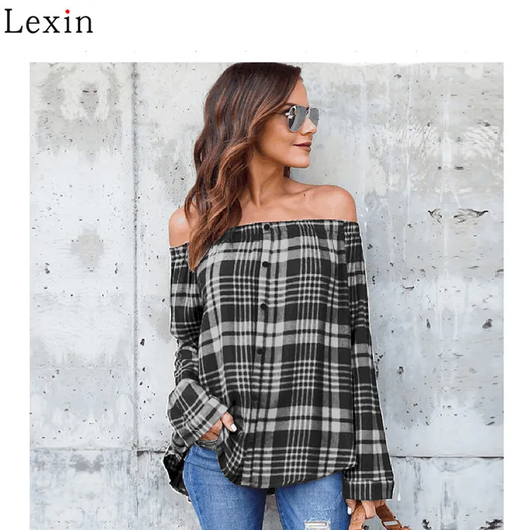 Spring Casual Cotton Strapless Plaid Loose Women Shirts Button Long Sleeve Off Shoulder Ladies Blouse With Checks