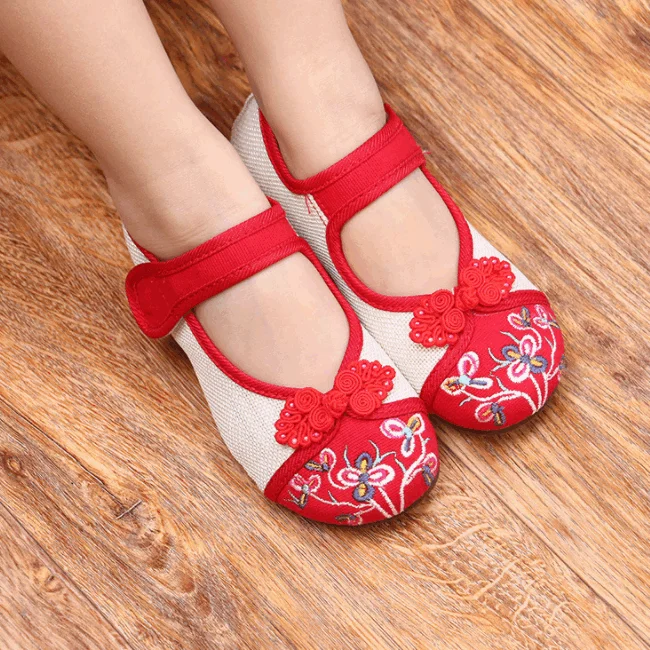 Новый дизайн, скрытый 3 см средний каблук, Детские парусиновые туфли с вышивкой, ремешок на щиколотке, детская повседневная обувь для девочек, мягкие и удобные