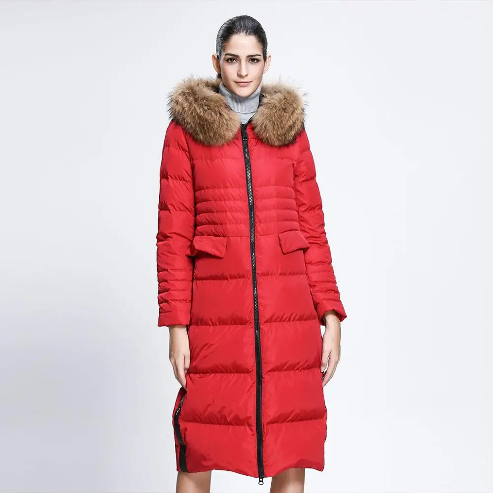 urban fashion red  winter clothes long coat womens down jackets with fur hood for ladies