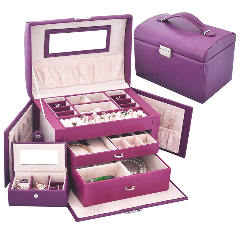 Custom Logo PU Leather Handmade 3 Layers Jewelry Set Box With Lock