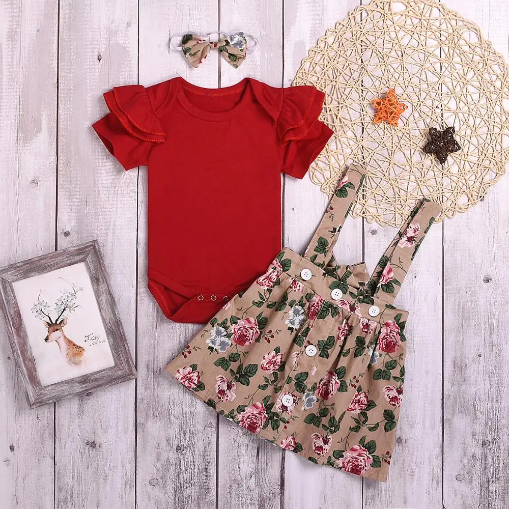
Wholesale Clothing Set Cotton 3Pcs Baby Toddler Girls Kids Overalls Skirt +Headband+Romper Clothes Outfits 