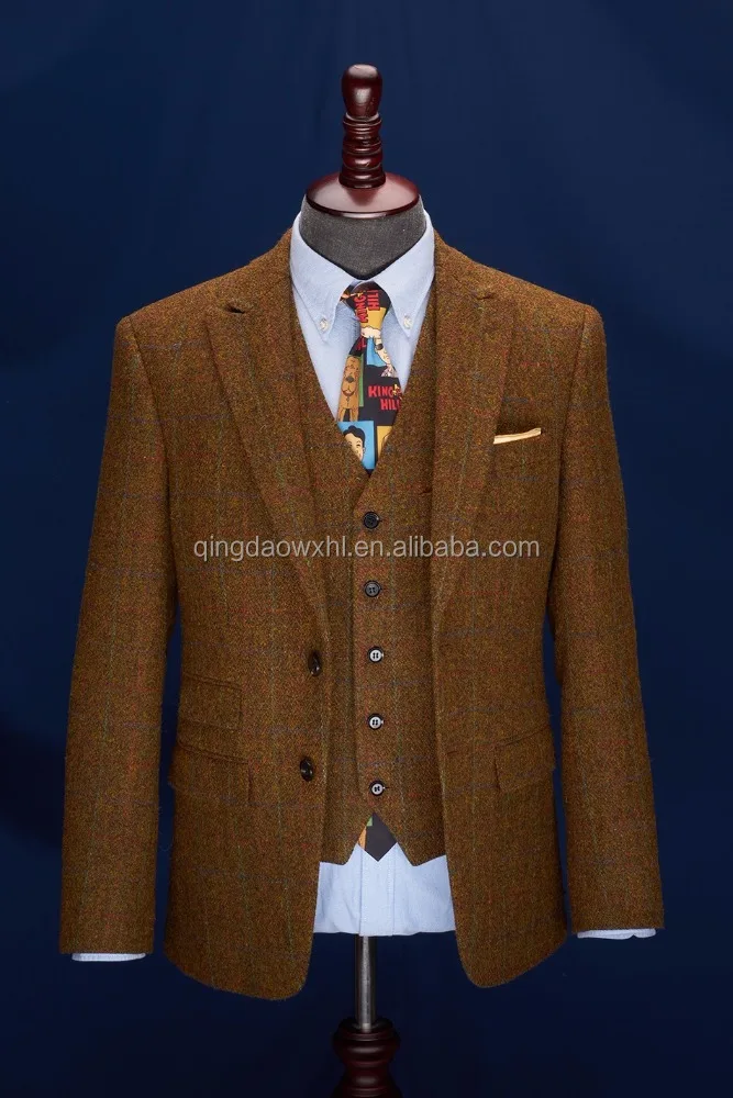 New Design Tweed Slim Fit 3 Piece Checked Coat Pant Men Suit For Wedding