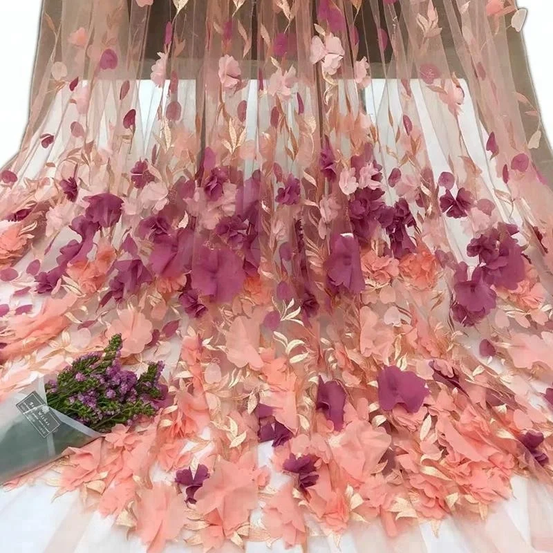 3d flower chiffon embroidered tulle lace fabric for french evening dress