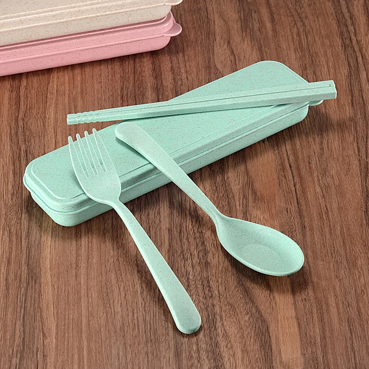 Good Quality Home Use Goods Green Colour Wheat Straw Fork Chopsticks Spoon Tableware Dinnerware Sets