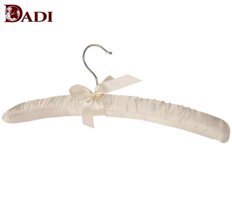 Colorful solid wood flocked Lingerie display satin clothes hanger with lovely bow tie flexible clothes hanger