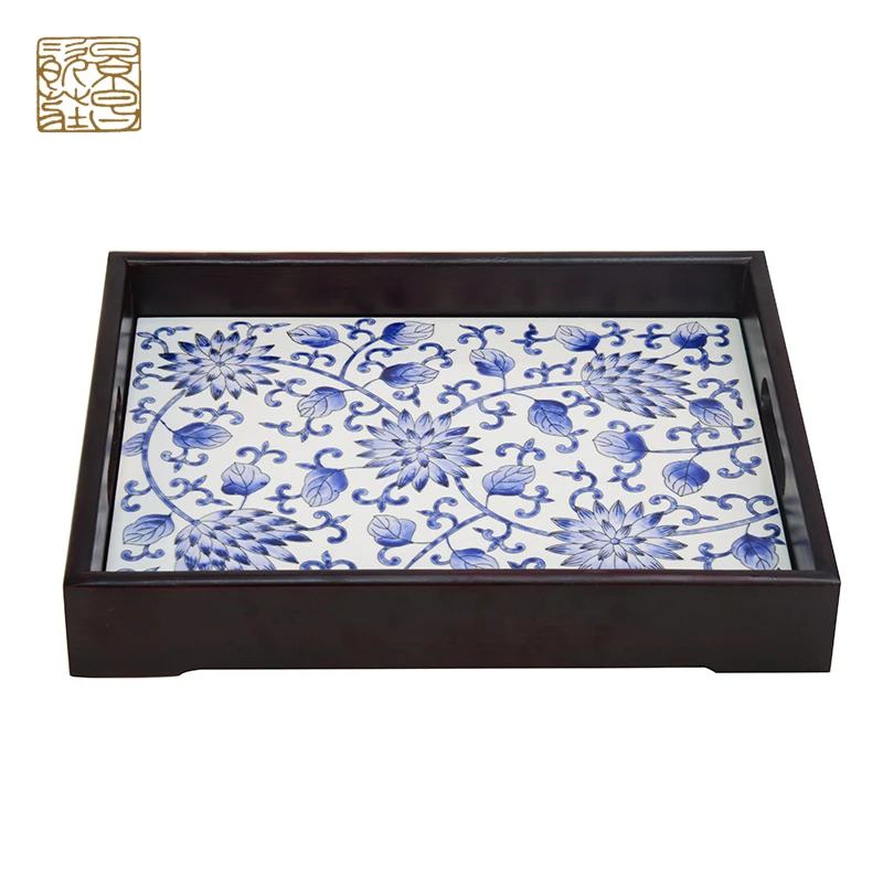 Ретро Китайский Старший отель украшения Керамика деревянный лоток
