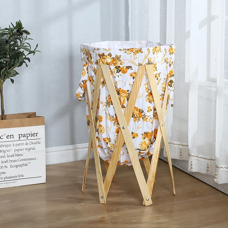 
cotton canvas clothes folding wood frame laundry basket with handle 