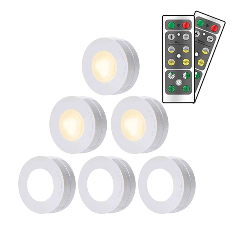 
Under Cabinet Lights Wireless LED Puck Lights Remote Control 4000K Natural White Brightness Dimmable Battery 6 Pack 