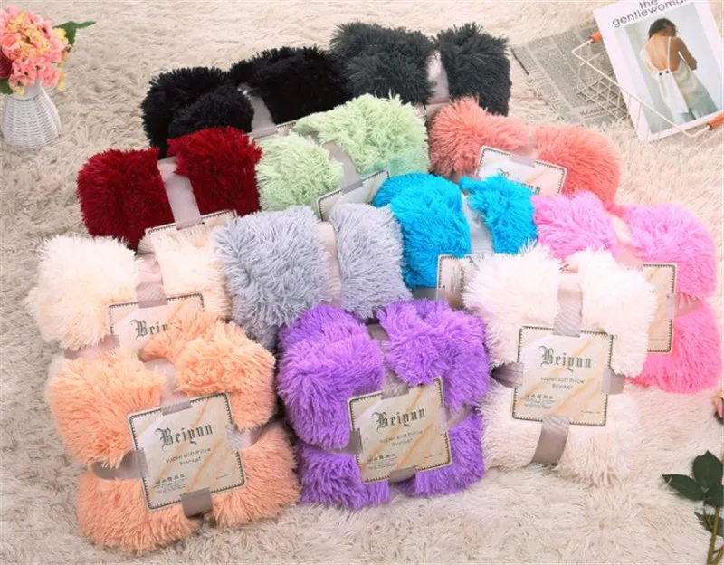 PV Plush Sofa Throw Blanket 2 Ply Long Hair Custom Size Luxury Plain Solid Winter Super Soft Faux Fur Fleece 100% Polyester