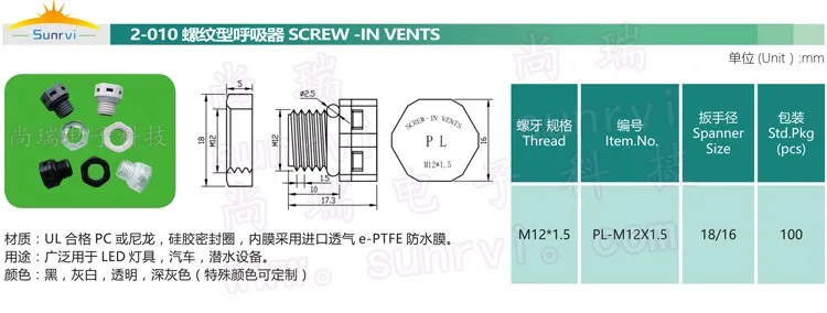 Grade IP68 Screw-in Vent for venting air and preventing water intake pressure balance valve PC transparent