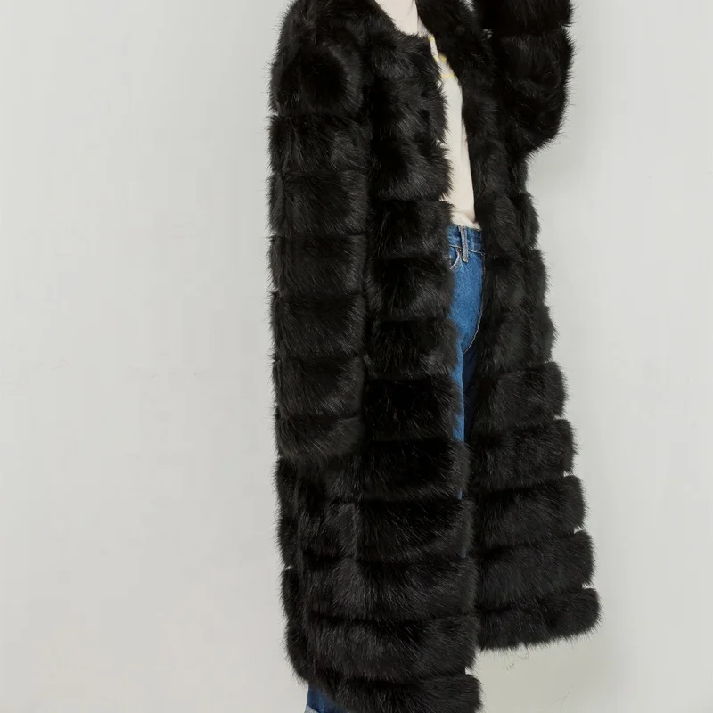 
Warm Winter Hot Sale Long Black Faux Fox Fur Coat 