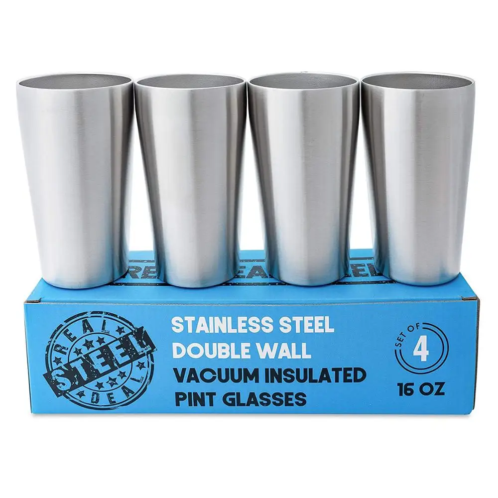 16oz Stainless Steel Pint Glasses Double Wall Vacuum Insulated Metal Cups to Keep Drinks Cold or Hot Sweat Free Beer Tumbler