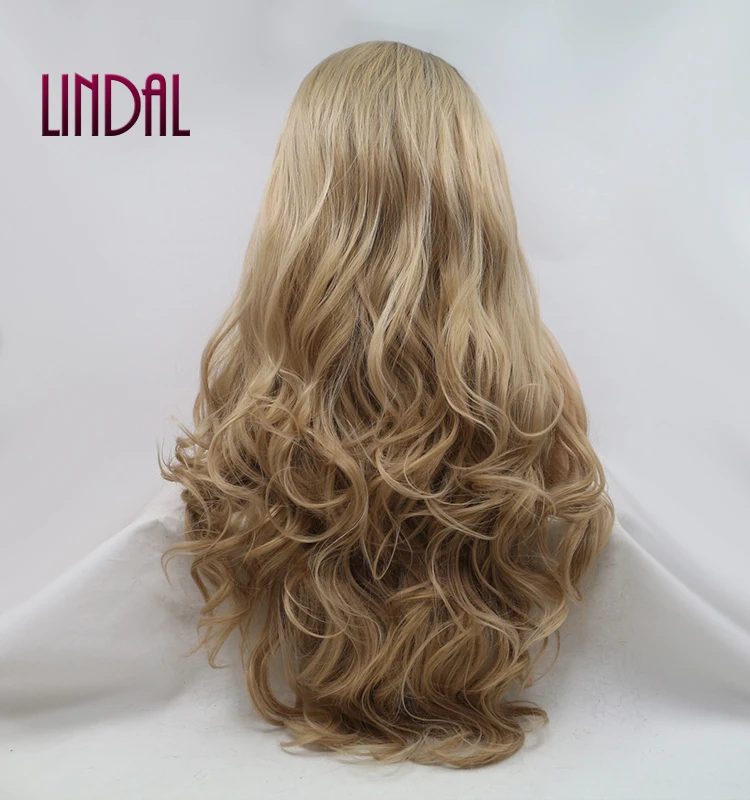 Loose Curly  Lace Front Wig Ombre Ash Blonde Color Synthetic Wet and Wavy Wig Pre Plucked Hairline Heat Resistant Fiber Wigs