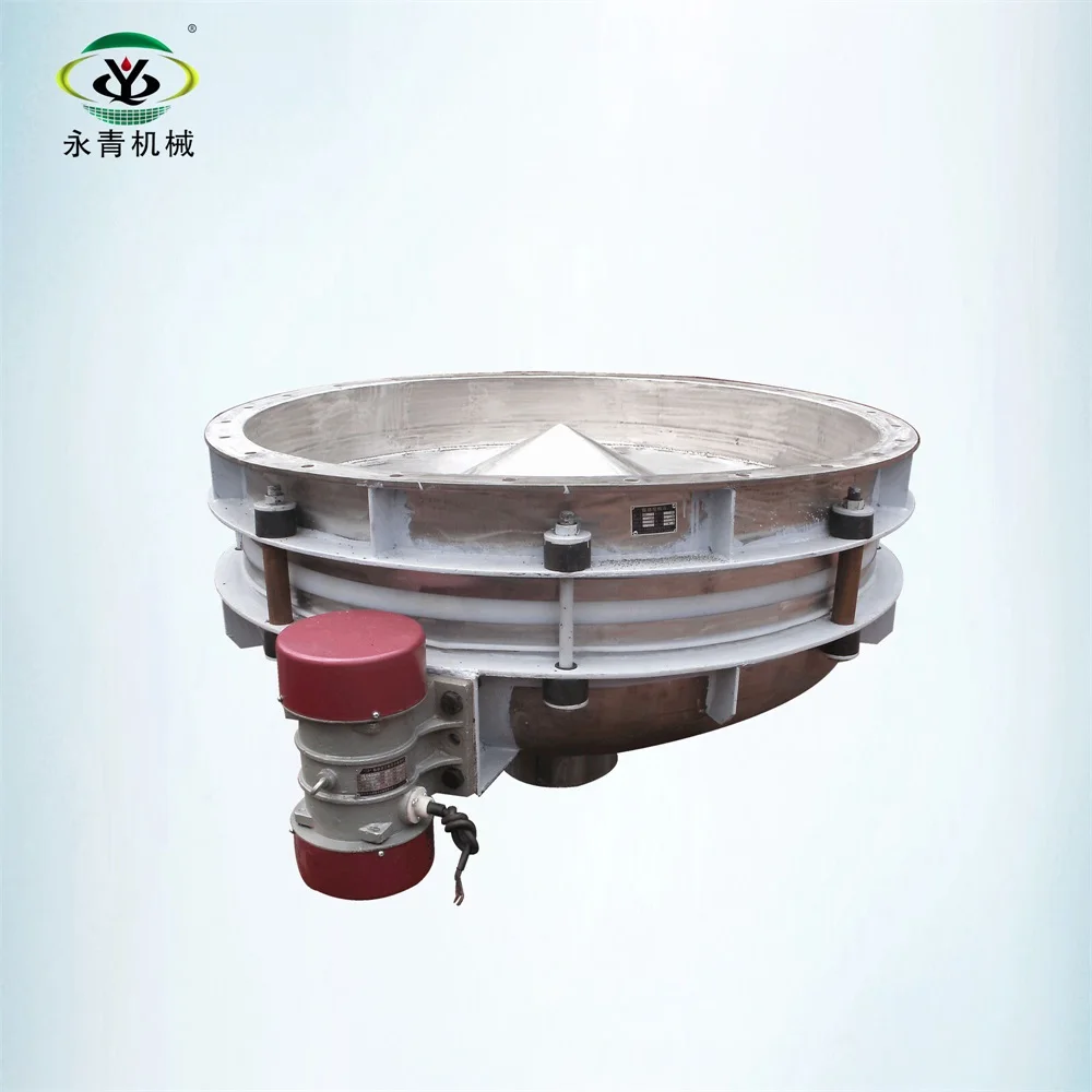 Vibrating feeder conveyor with vibration motors for grain processing