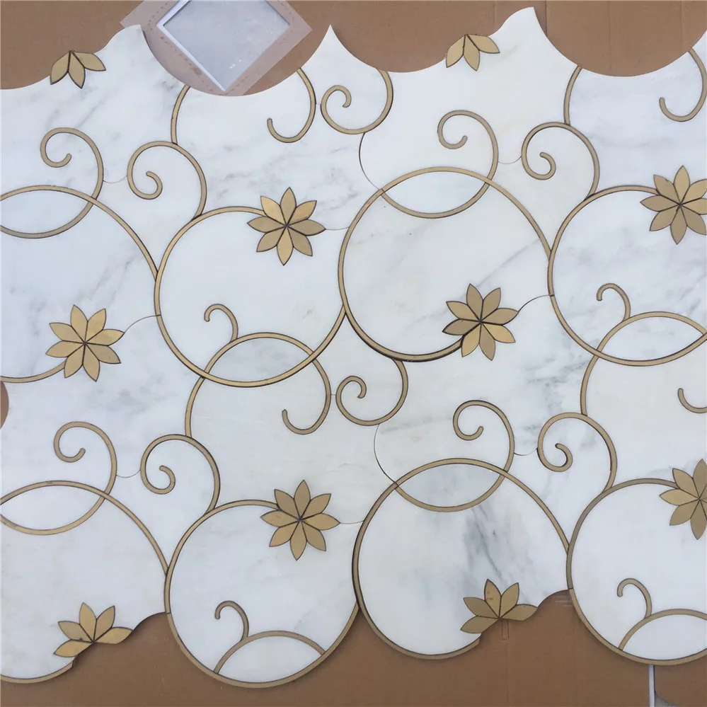 carrara white marble water jet mosaic gold metal brass inlay luxury wall tile