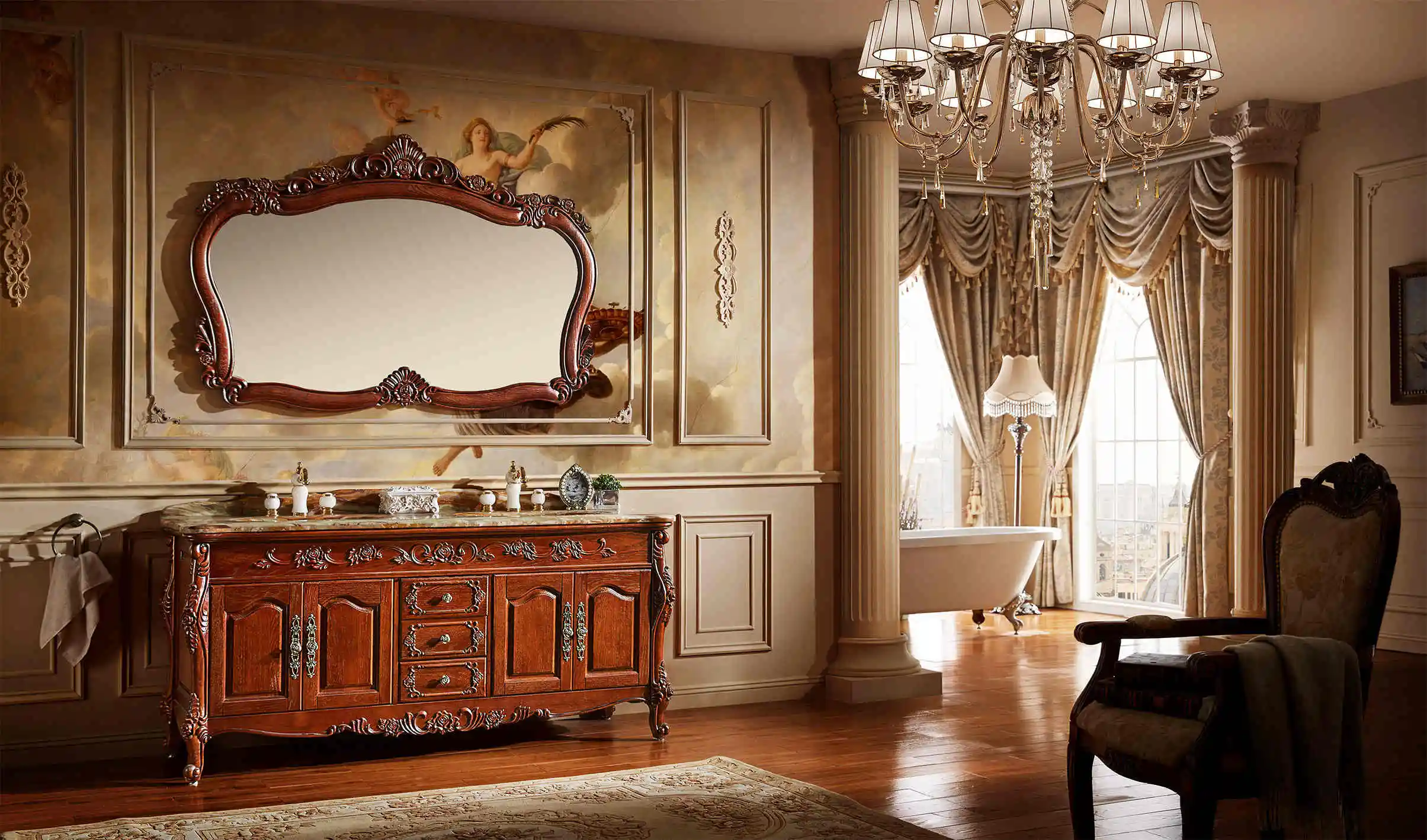  Китайская антикварная резная деревянная Коммерческая двойная раковина для ванной комнаты