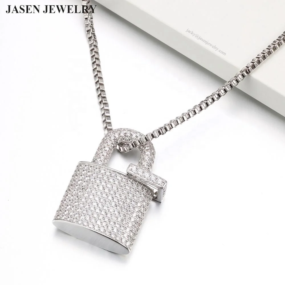 
Iced Out 925 Sterling Silver Charm Necklace Delicate Lock Padlock Pendant Necklace 