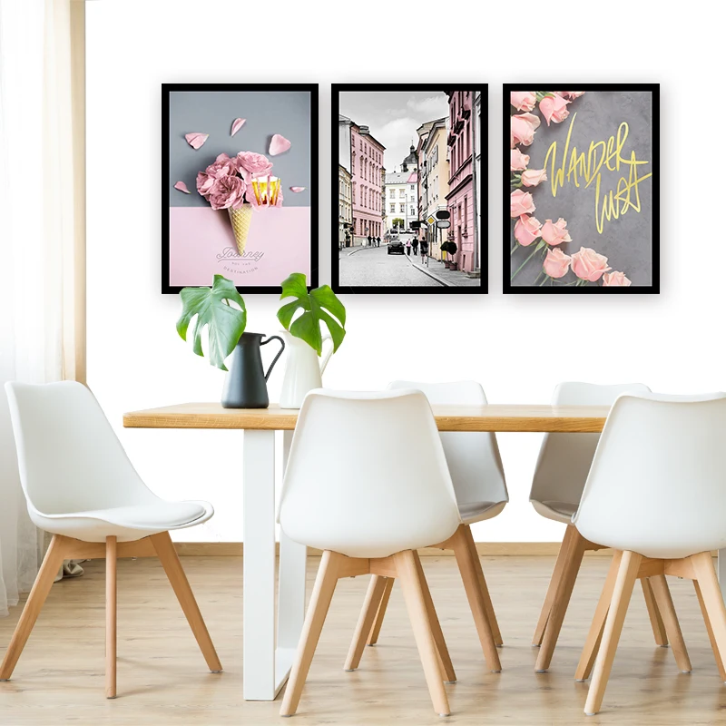 Abstract oil painting pink city 3 pieces canvas painting for bedroom