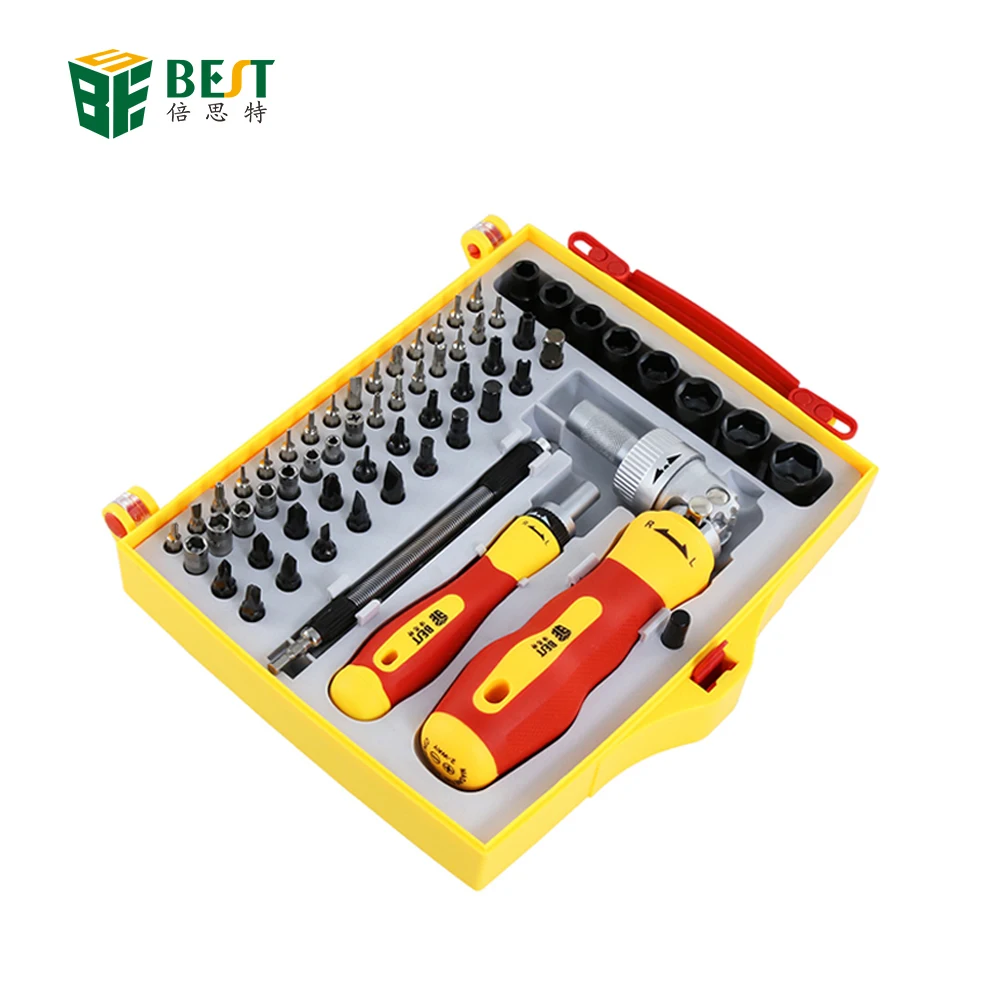 BST-2028A 62pcs Multi-function Rapid Ratchet Hand Screwdriver Sets with 90 Degree Hex Phillips Torx Slotted Bits