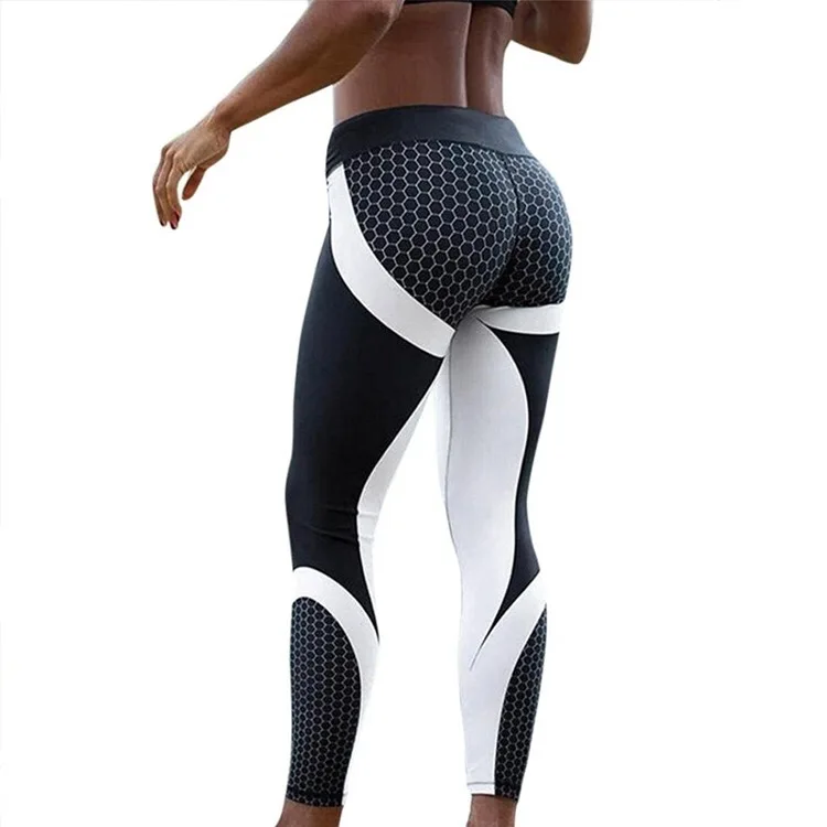Ячеистой сетки шаблон печати, эластичные, обтягивающие, фитнеса черного или белого цветов, леггинсы для женщин с длинным рукавом спортивный