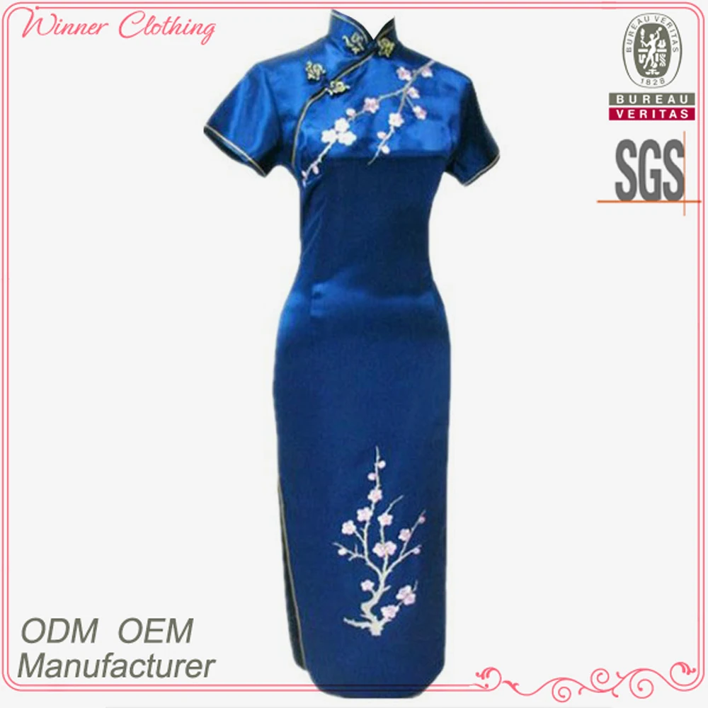 
fashion mandarin collar plum embroidered high side slit cheongsam picture with blue color 