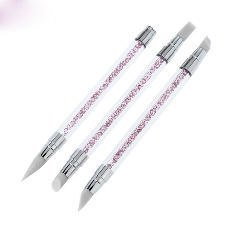 2 Way Rhinestone Crystal Nail Art Brush Pen Silicone Head Carving Emboss Shaping Hollow Sculpture Acrylic Manicure Dotting Tools
