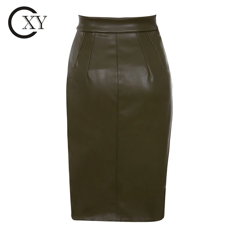 Custom ladies skirts stylish brown pu skirts knee length leather skirts
