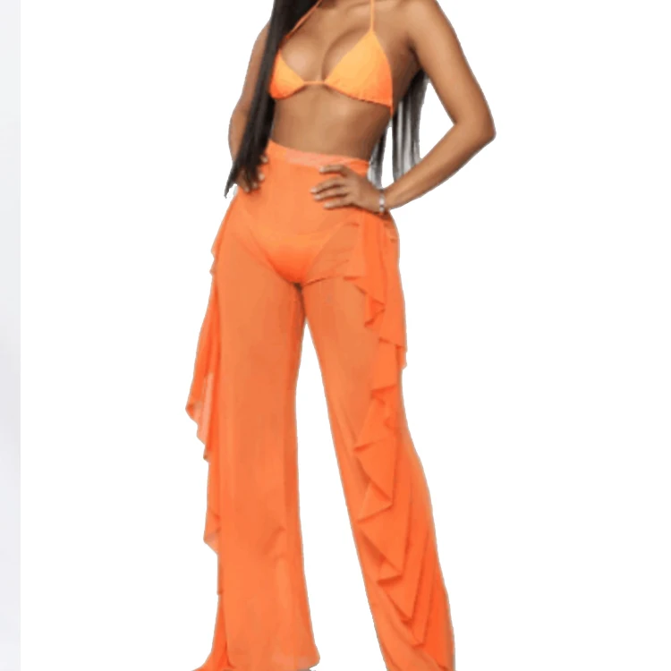 LDDRESS New Sexy Ruffle Women Beach Mesh Pants Sheer Wide Leg Pants Transparent Long Beach Cover Up Bikini Trousers