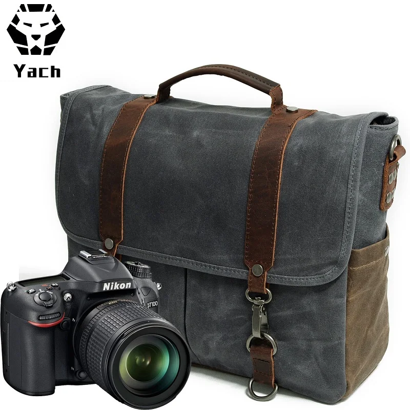 Elegant brand waterproof waxed canvas design unisex vintage DSLR Leather photograph messenger camera bag